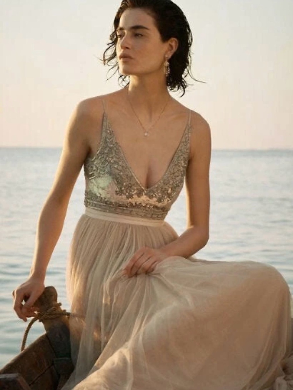 BHLDN Needle&Thread Embellished V-Neck Tulle Evening/Bridal/Prom Gown-Champagne